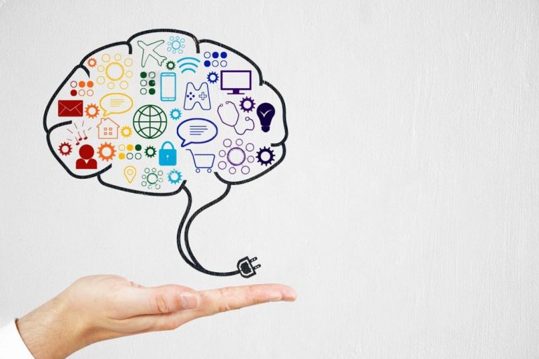 Illustration of a brain filled with social media and shopping icons held above a hand, representing how digital habits shape spending